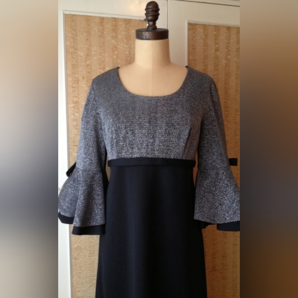 1970s silver and black maxi formal dress with feature bell bottom sleeves by Max